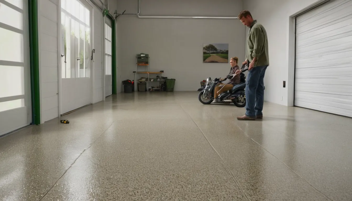 A freshly coated concrete garage floor in a Delray Beach home, with a provider checking the finish
